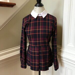 Anna Maria Paletti Plaid Pleated Peplum Blouse Top Shirt Womens 42 6 Purple Blue